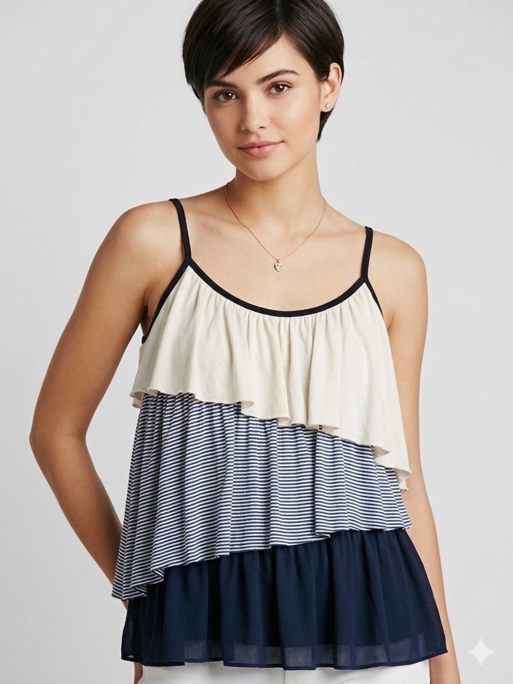 FOREVER Asymmetrical Tiered Navy & Cream Strappy Women's Tank Top Size Medium